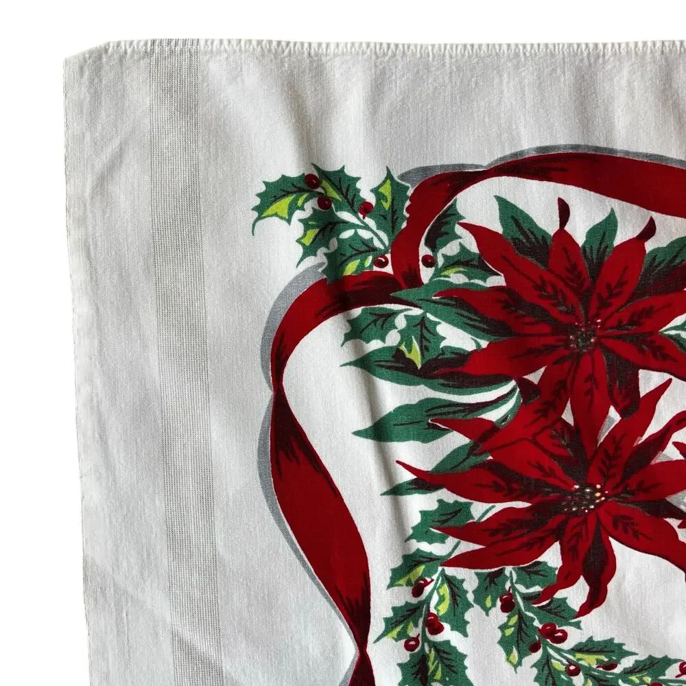 Vintage Christmas Tablecloth printed cotton white red poinsettias holly FLAWS
